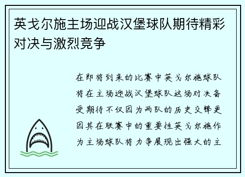 英戈尔施主场迎战汉堡球队期待精彩对决与激烈竞争