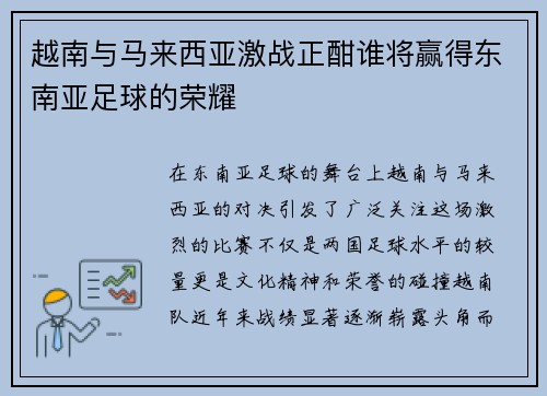 越南与马来西亚激战正酣谁将赢得东南亚足球的荣耀